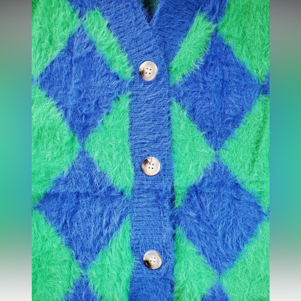 Soft & Fuzzy Green and Blue Harlequin Cardigan (S-XL) - Picture 3 of 3